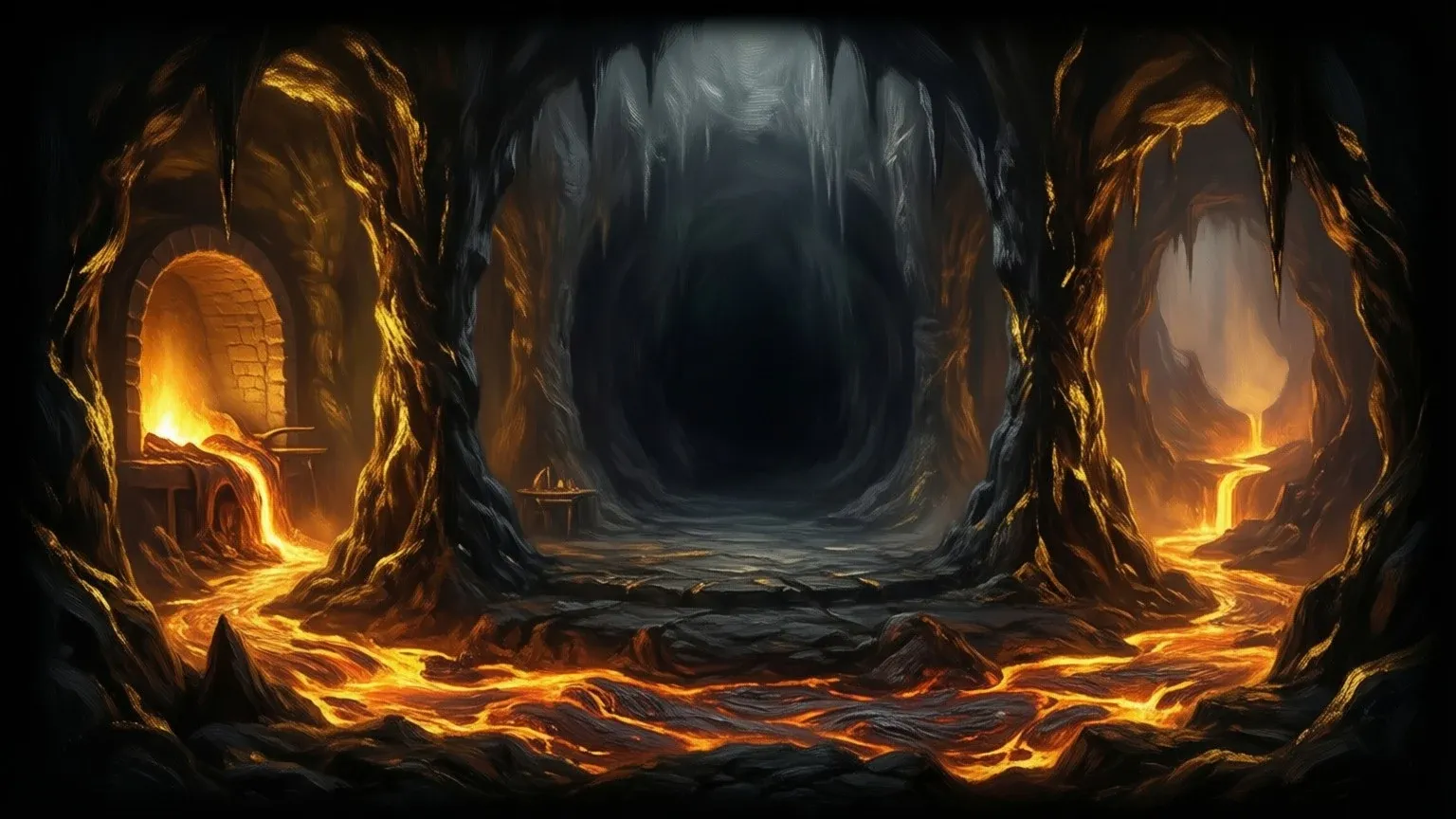 A cave arena lit by rivers of lava, with a forge carved into the rock wall.
