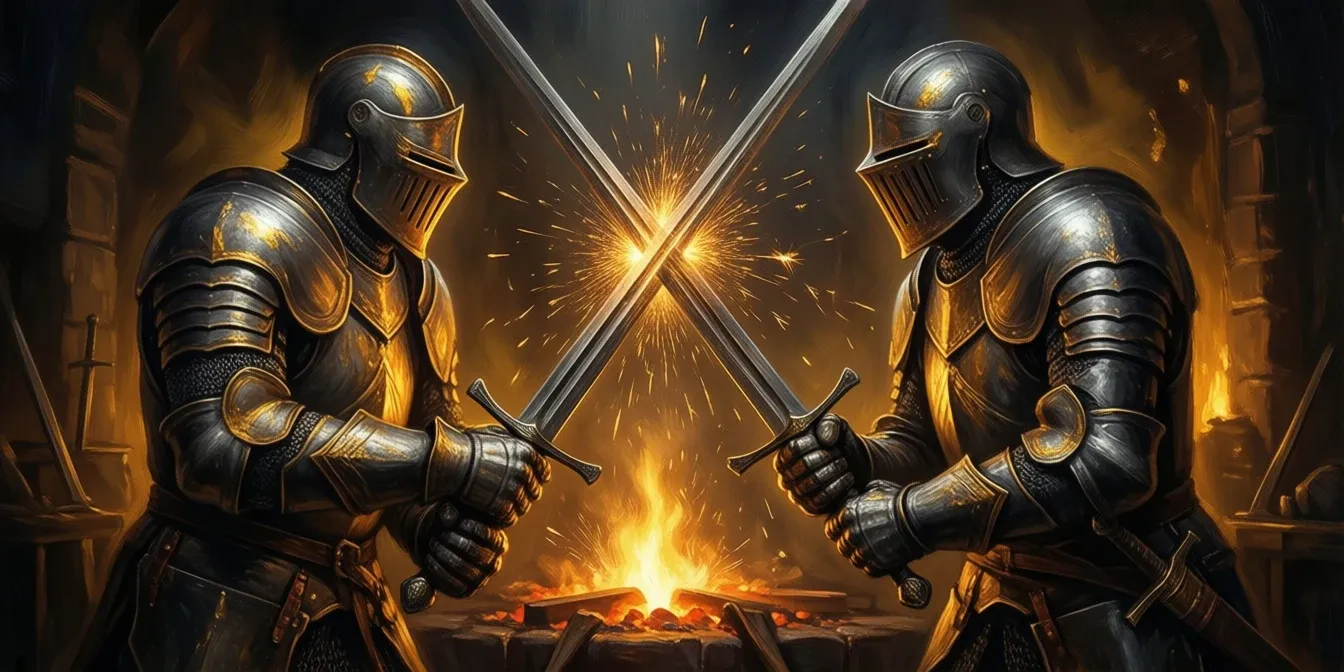 Two armored knights cross swords over a forge fire, with sparks flying between the blades.